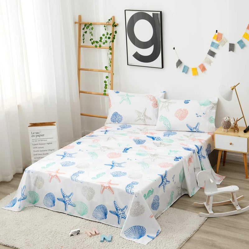 JSD Beach Theme Kids Printed Sheet Set Full, 4 Piece Starfish Jellyfish Coastal Summer Microfiber Bed Sheets Deep Pocket - Image 2